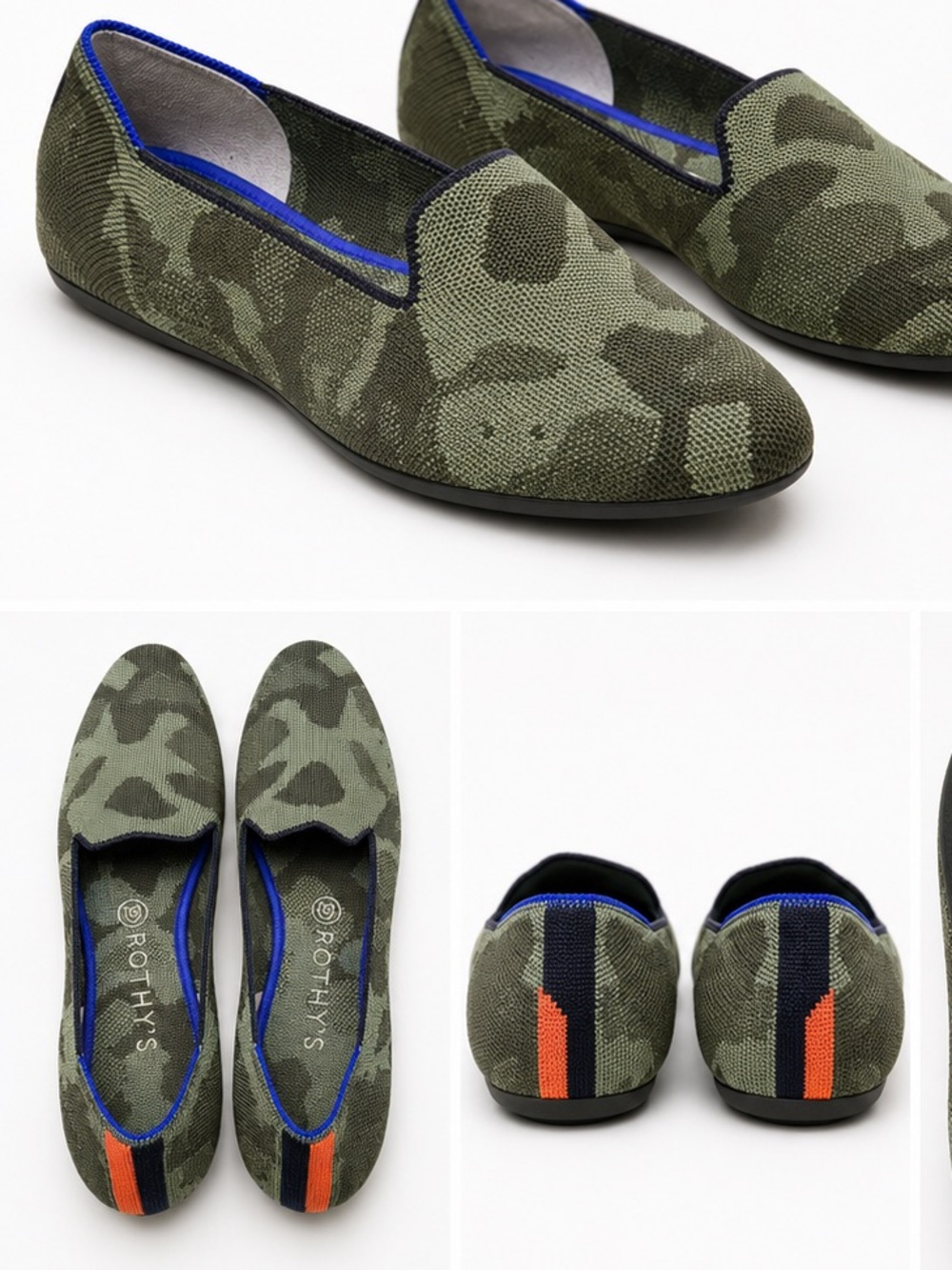 Rothy's Women’s Camo Knit Slip-On Loafers in Olive Green with Blue Trim
